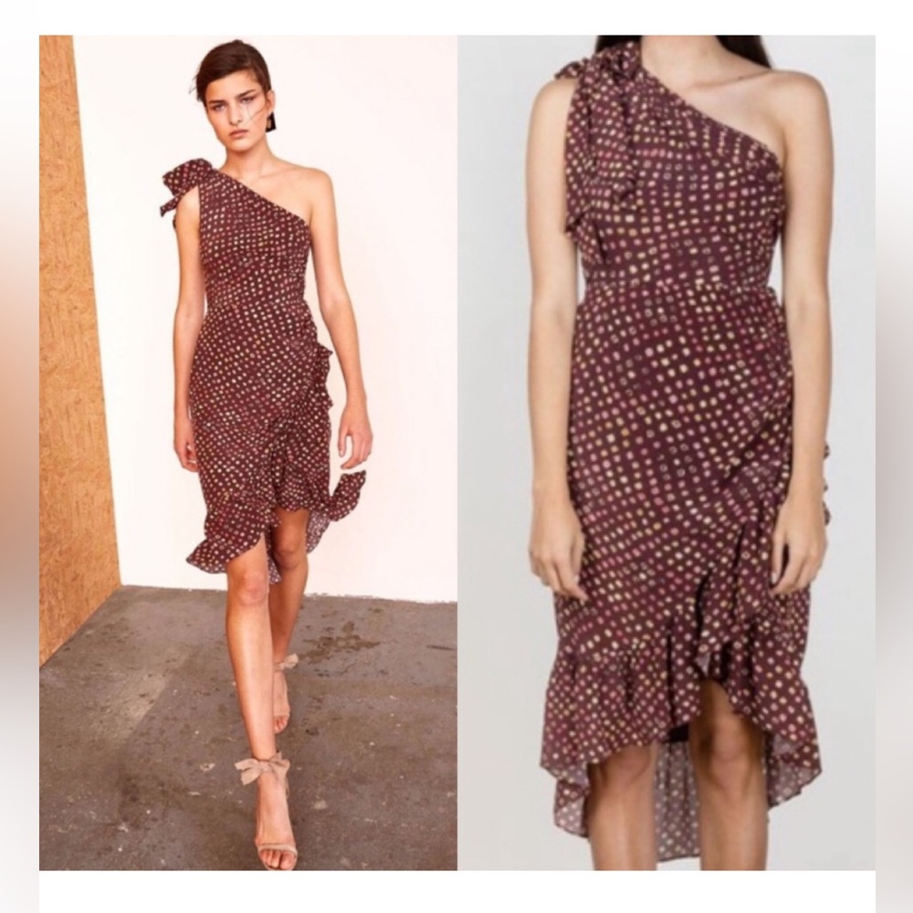 Ulla Johnson Imogen one-shoulder asymmetric hem silk dress earth polka dot 0